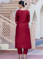 Thumbnail for Vellora Silk Blend Maroon Casual Wear Embroidery Work Readymade Salwar Suit