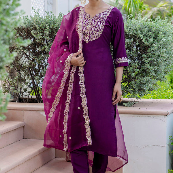 Vellora Silk Blend Magneta Casual Wear Embroidery Work Readymade Salwar Suit