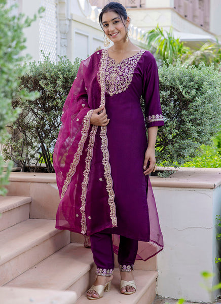 Vellora Silk Blend Magneta Casual Wear Embroidery Work Readymade Salwar Suit