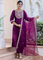 Thumbnail for Vellora Silk Blend Magneta Casual Wear Embroidery Work Readymade Salwar Suit