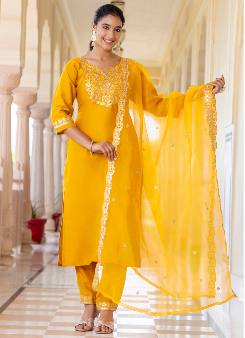 Vellora Silk Blend Mustard Casual Wear Embroidery Work Readymade Salwar Suit