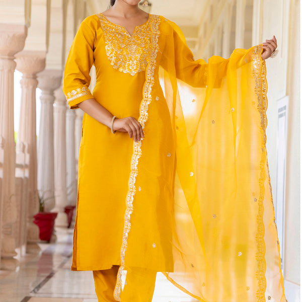 Vellora Silk Blend Mustard Casual Wear Embroidery Work Readymade Salwar Suit - Distacart
