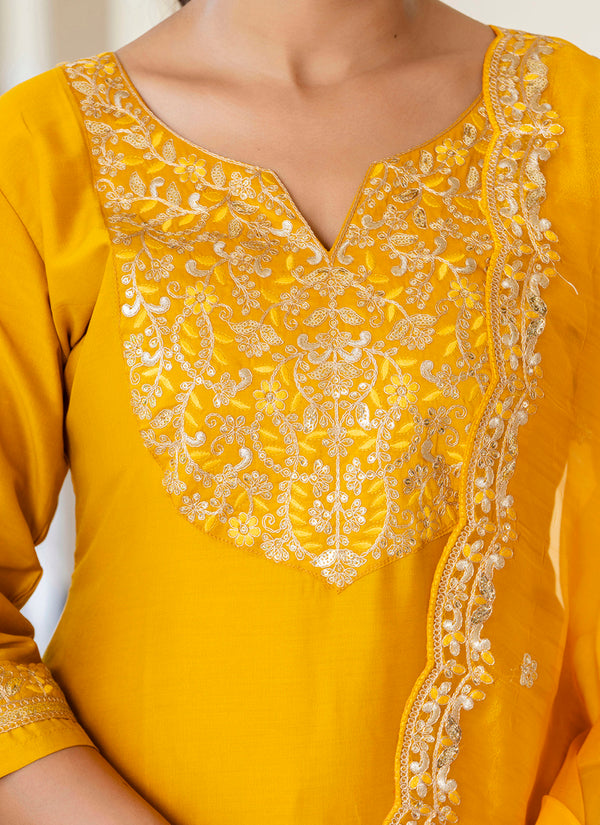 Vellora Silk Blend Mustard Casual Wear Embroidery Work Readymade Salwar Suit