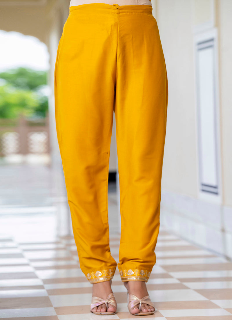 Vellora Silk Blend Mustard Casual Wear Embroidery Work Readymade Salwar Suit