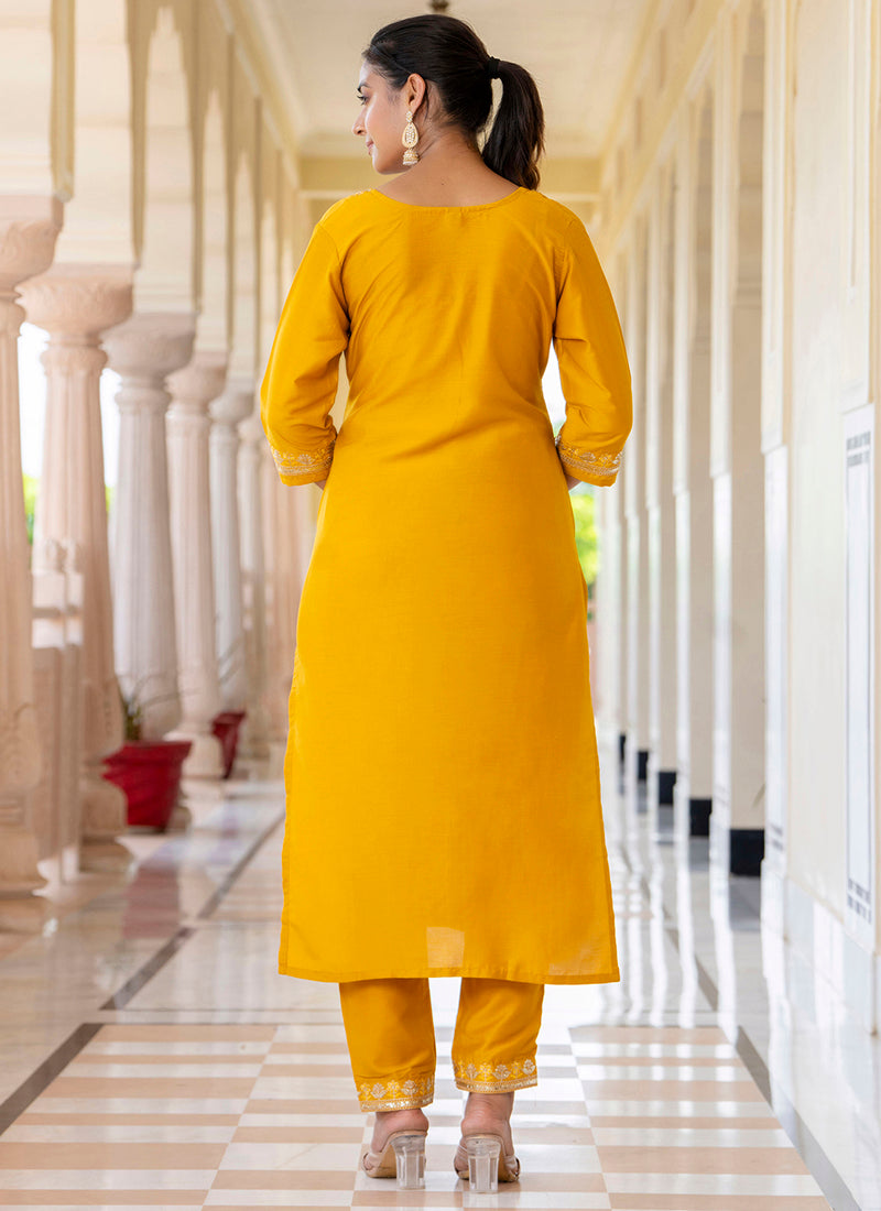 Vellora Silk Blend Mustard Casual Wear Embroidery Work Readymade Salwar Suit
