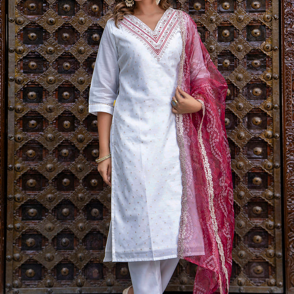 Vellora Chanderi Silk White Casual Wear Embroidery Work Readymade Salwar Suit