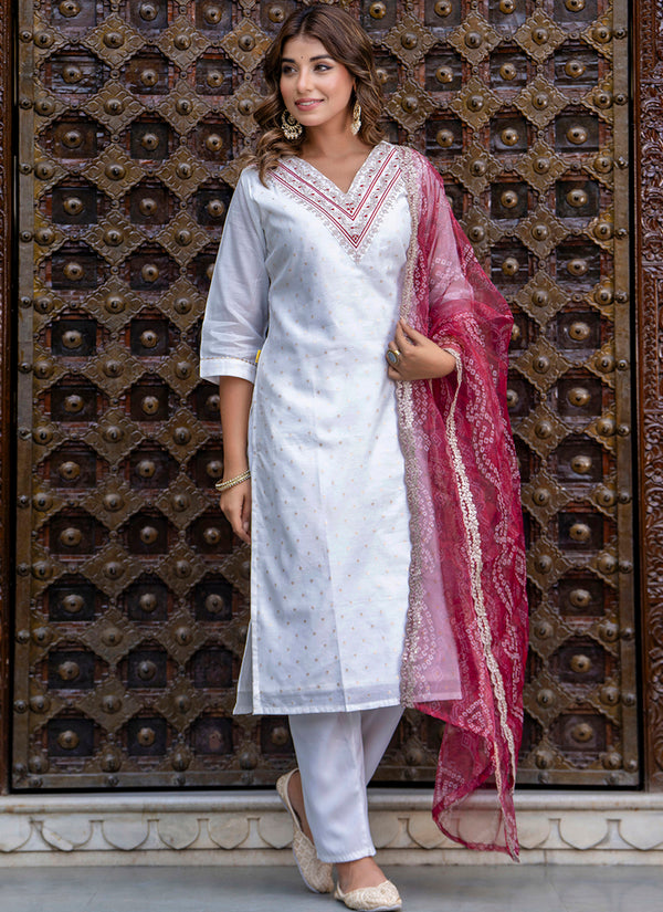 Vellora Chanderi Silk White Casual Wear Embroidery Work Readymade Salwar Suit