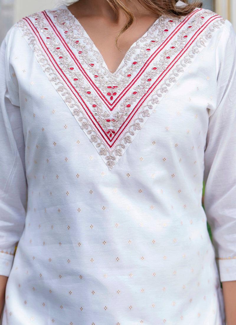 Vellora Chanderi Silk White Casual Wear Embroidery Work Readymade Salwar Suit