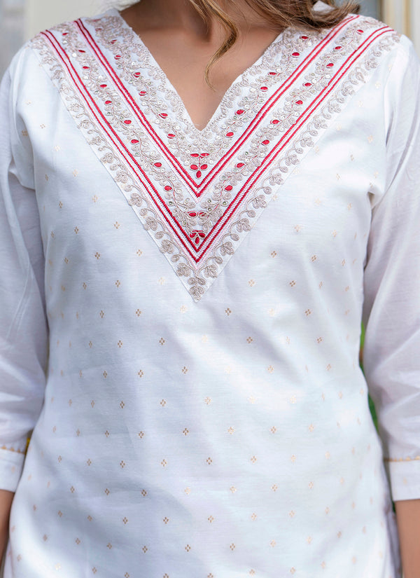 Vellora Chanderi Silk White Casual Wear Embroidery Work Readymade Salwar Suit