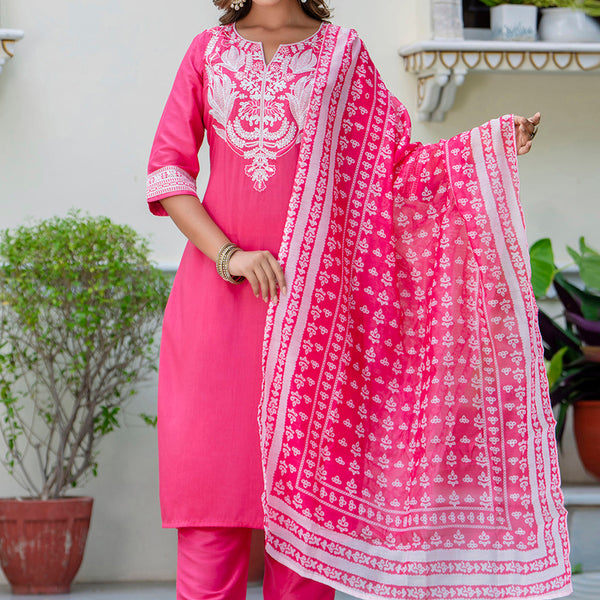 Vellora Silk Blend Pink Casual Wear Embroidery Work Readymade Salwar Suit - Distacart