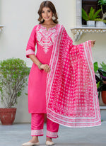 Thumbnail for Vellora Silk Blend Pink Casual Wear Embroidery Work Readymade Salwar Suit