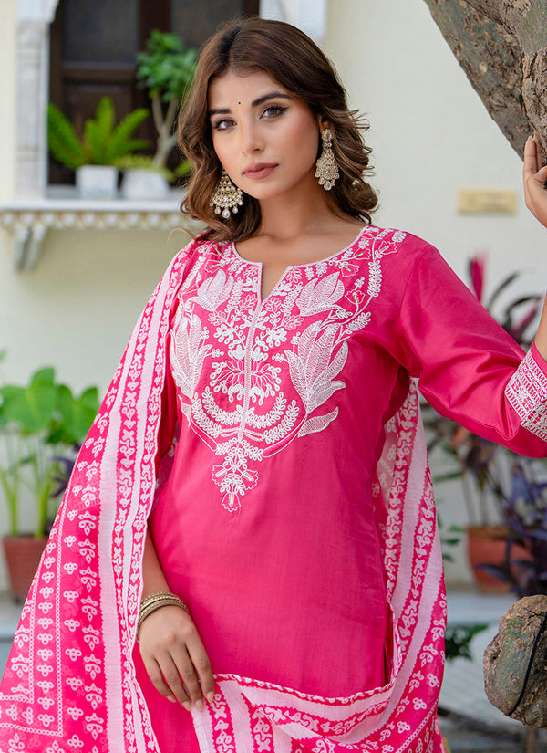 Vellora Silk Blend Pink Casual Wear Embroidery Work Readymade Salwar Suit