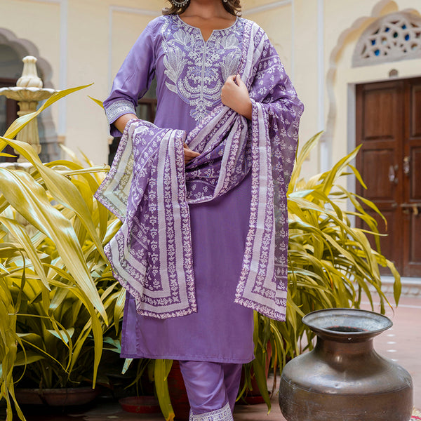 Vellora Silk Blend Lavender Casual Wear Embroidery Work Readymade Salwar Suit - Distacart