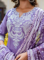 Thumbnail for Vellora Silk Blend Lavender Casual Wear Embroidery Work Readymade Salwar Suit