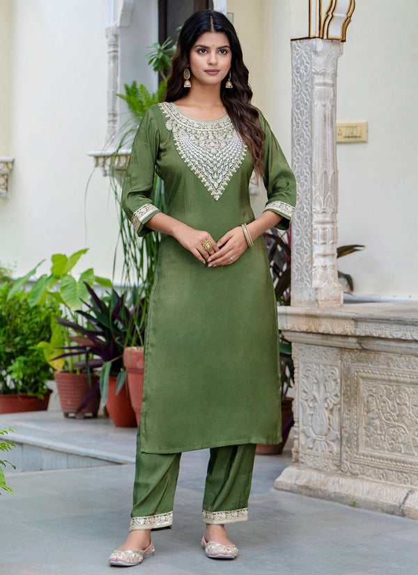 Vellora Silk Blend Olive Green Casual Wear Embroidery Work Readymade Salwar Suit