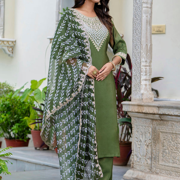 Vellora Silk Blend Olive Green Casual Wear Embroidery Work Readymade Salwar Suit - Distacart