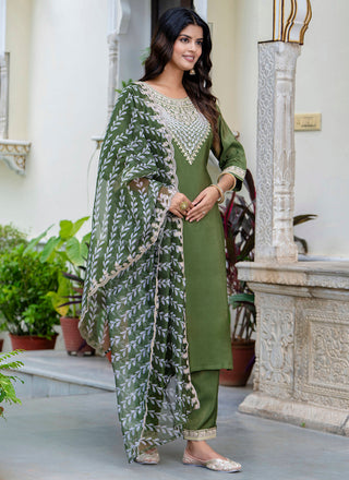 Vellora Silk Blend Olive Green Casual Wear Embroidery Work Readymade Salwar Suit