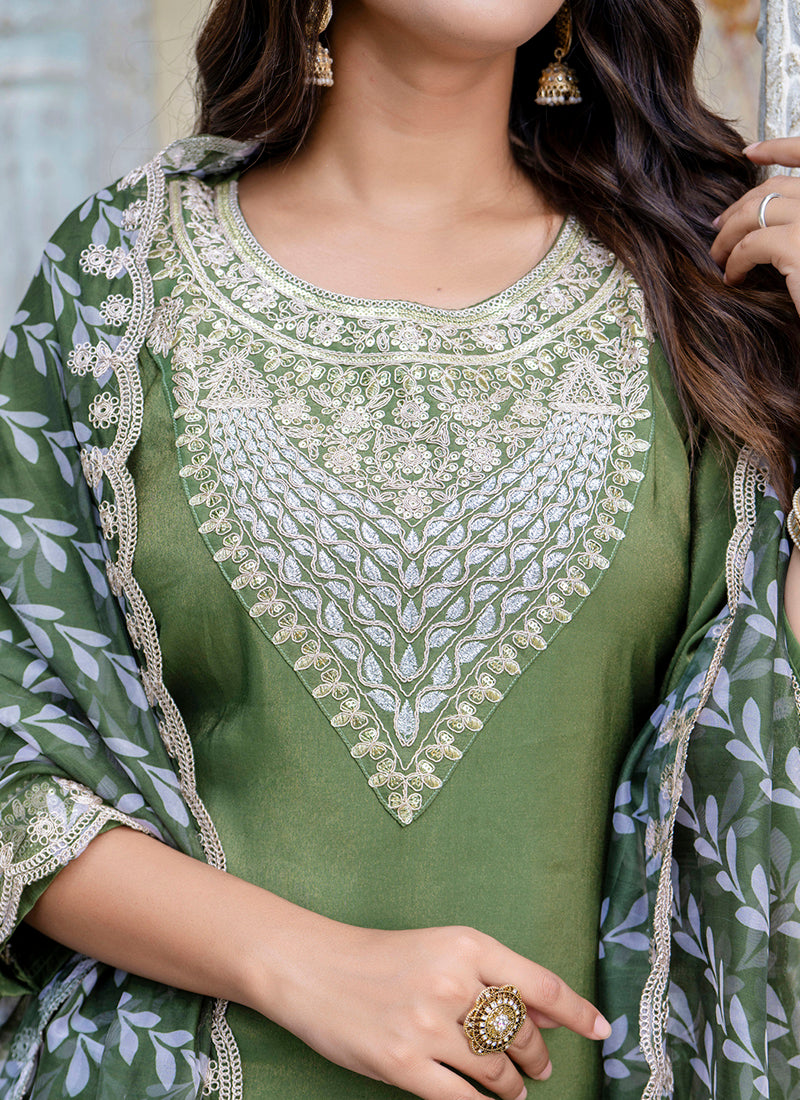 Vellora Silk Blend Olive Green Casual Wear Embroidery Work Readymade Salwar Suit