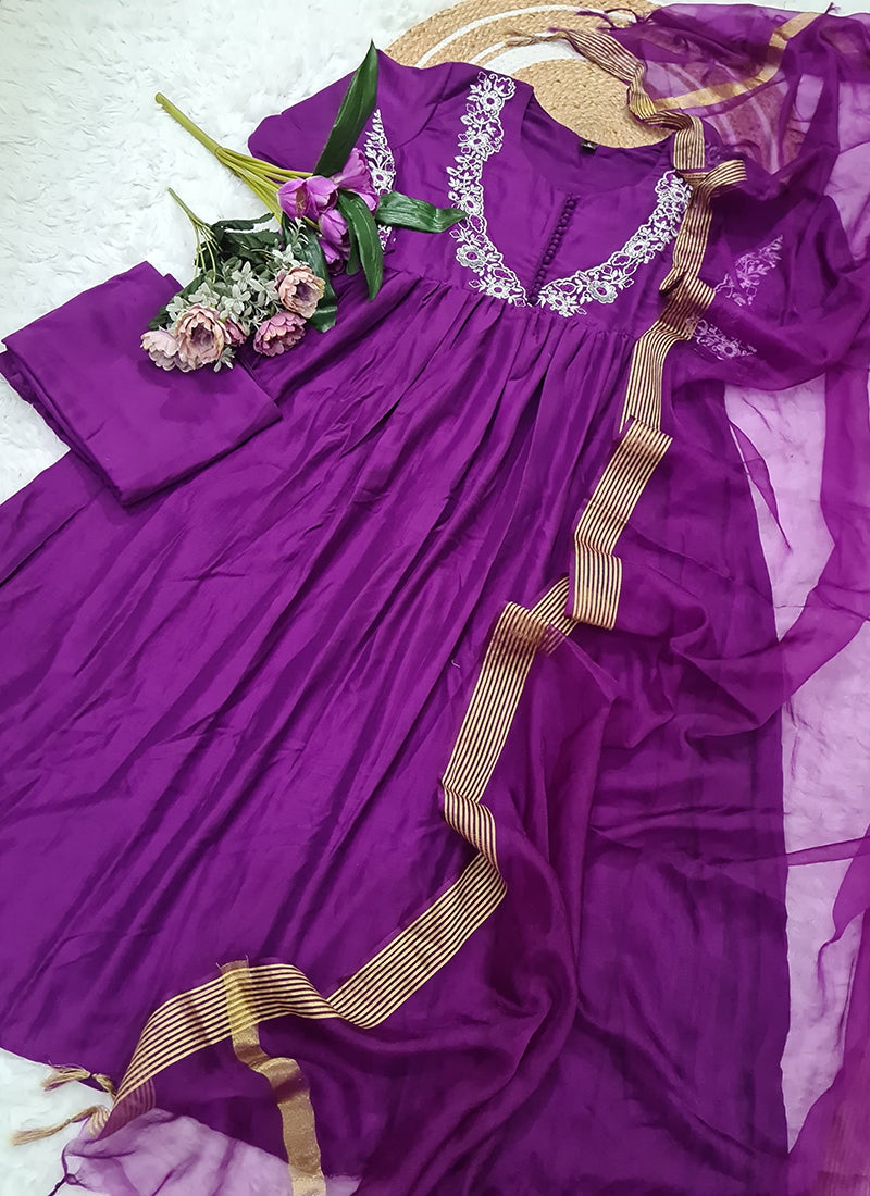 Vellora Viscose Purple Festival Wear Embroidered Work Readymade Salwar Suit