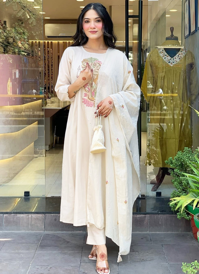 Vellora Viscose Off White Daily Wear Embroidered Work Readymade Salwar Suit