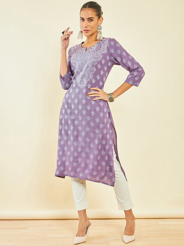 Soch Purple Ethnic Motifs Printed Round Neck Regular Kurta - Distacart