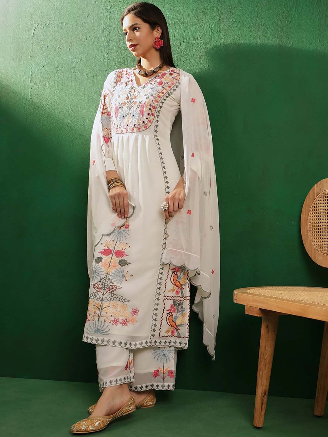 Sangria V-Neck Long Sleeves Thread Work Embroidered Kurta Sets - Distacart