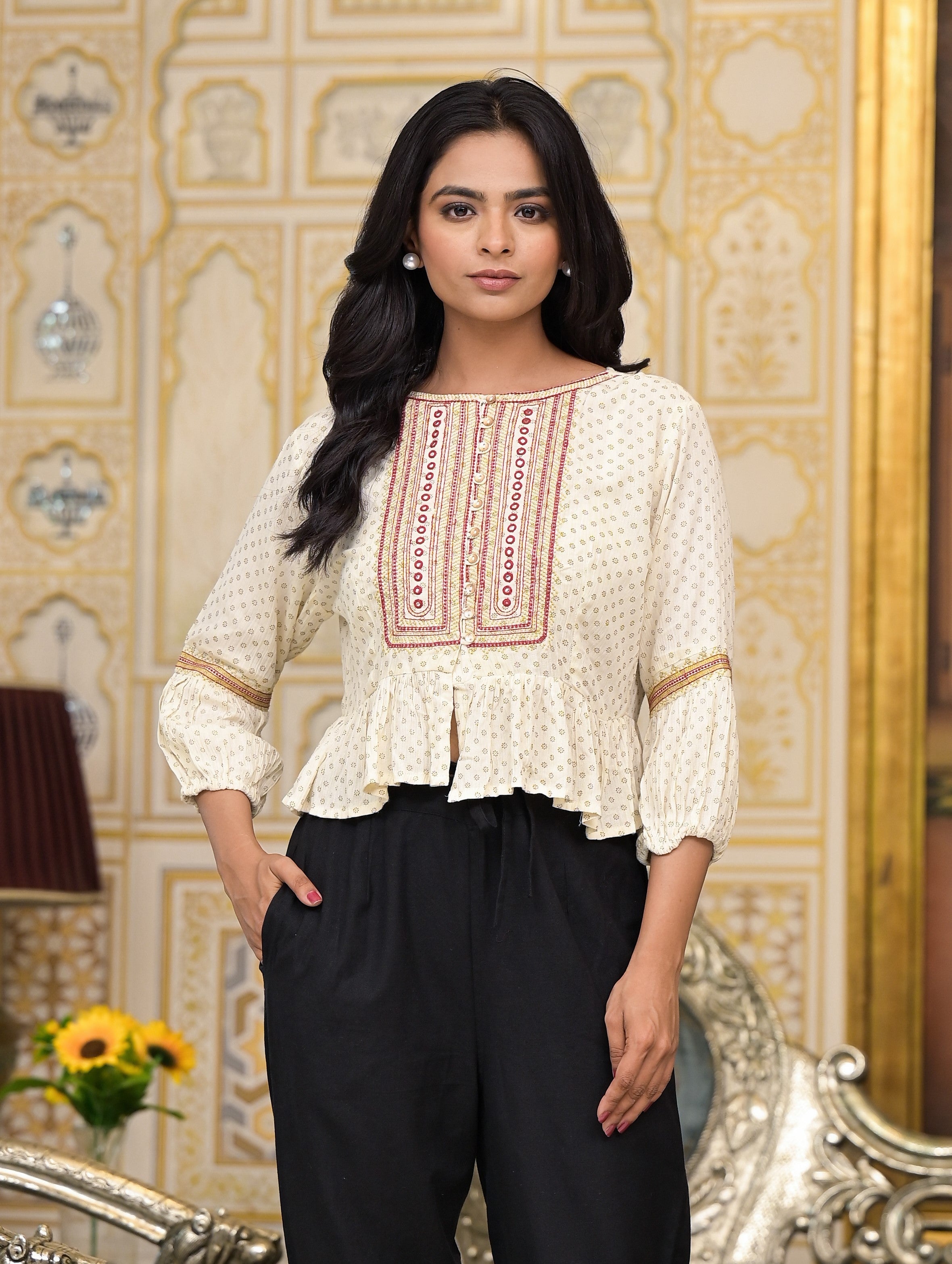 Juniper Women's Ivory Ethnic Motif Printed Liva Rayon Top With Zari Thread Work & Buttons - Distacart