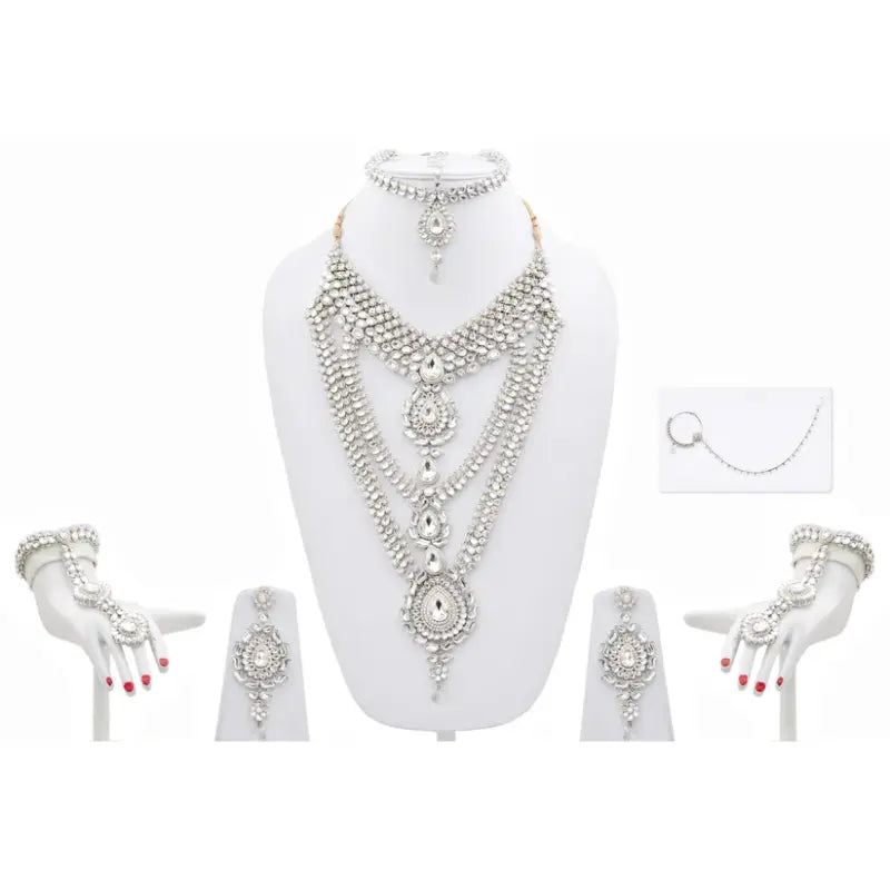 Tehzeeb Creations Platinum Plated Silver Polish Dulhan Bridal Jewelry Set 8 Pcs - Distacart