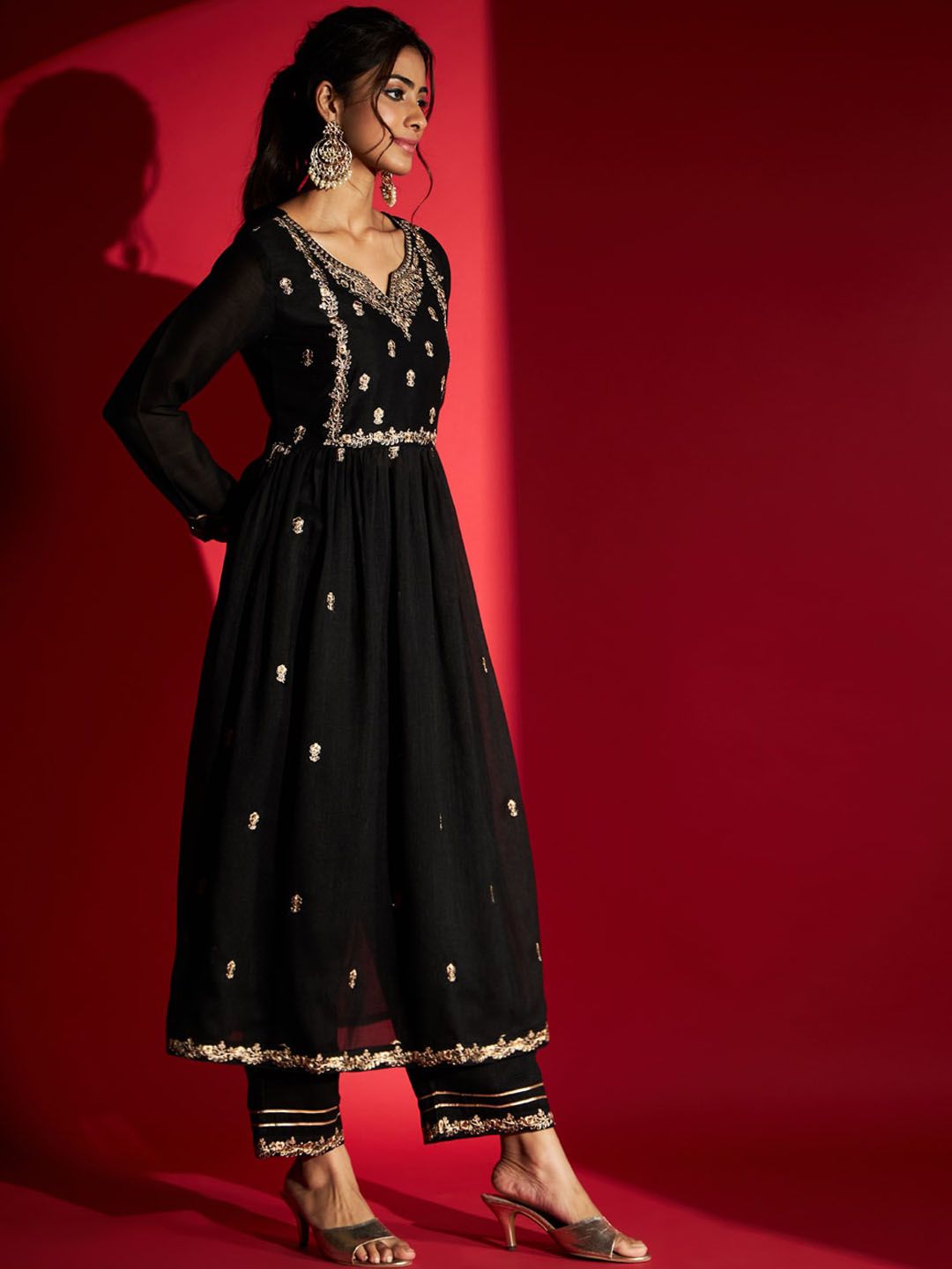 Kalini Ethnic Motifs Embroidered Thread Work Flared A-Line Kurta With Trousers