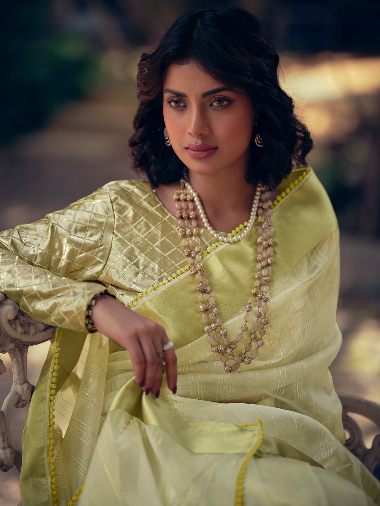Stylee Lifestyle Green Organza Woven Saree - Distacart