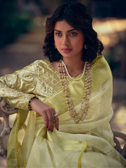 Stylee Lifestyle Green Organza Woven Saree - Distacart