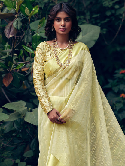 Stylee Lifestyle Green Organza Woven Saree - Distacart