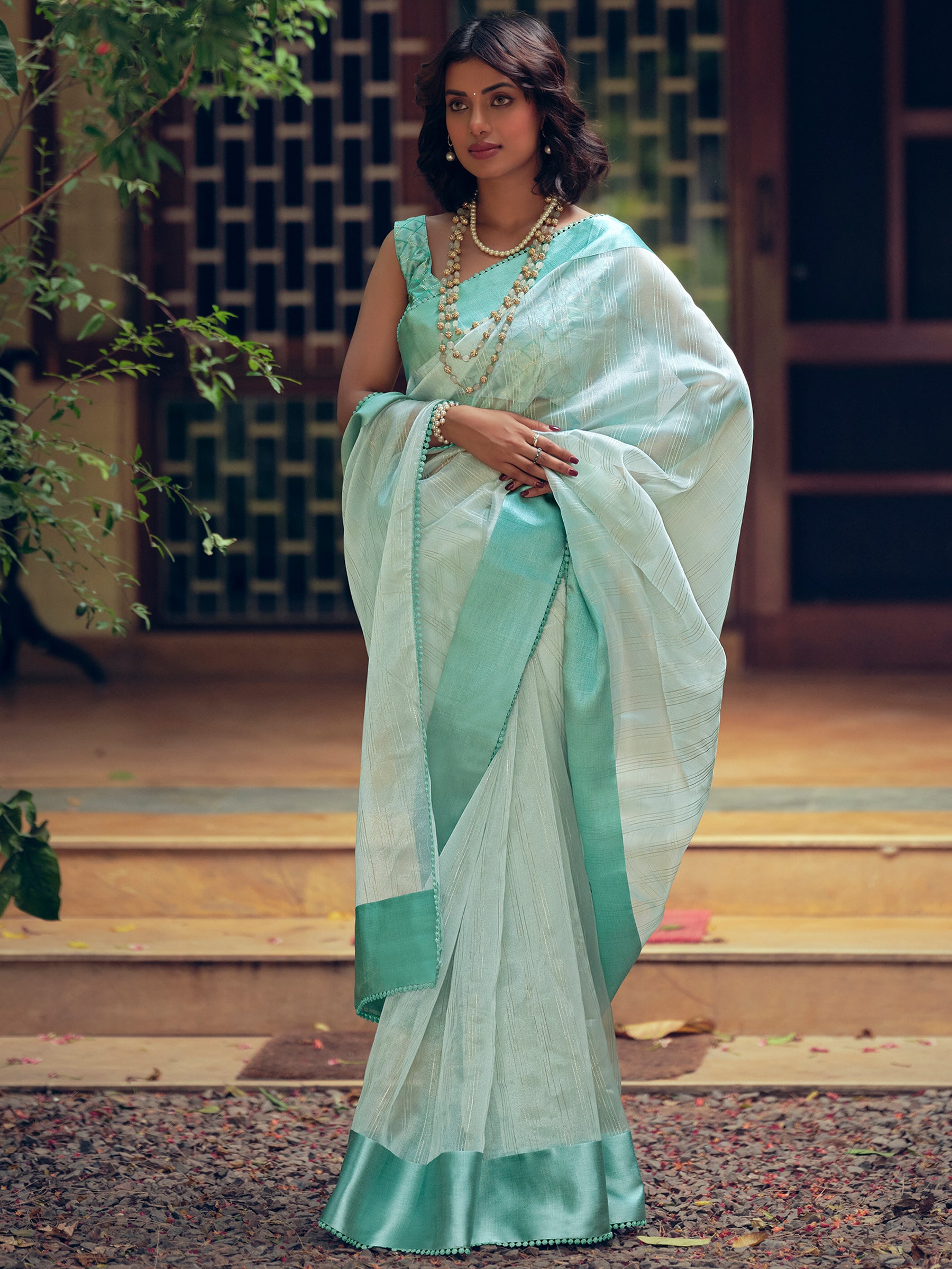 Stylee Lifestyle Sky Blue Organza Woven Saree - Distacart