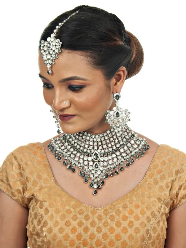 Tehzeeb Creations Platinum Plated Silver Polish Stone Mini Bridal Choker Set for Women & Girls - Distacart