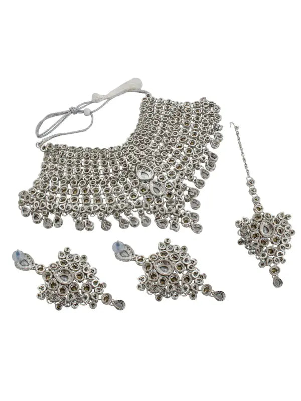 Tehzeeb Creations Platinum Plated Silver Polish Stone Mini Bridal Choker Set for Women & Girls - Distacart