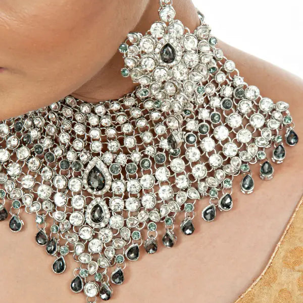 Tehzeeb Creations Platinum Plated Silver Polish Stone Mini Bridal Choker Set for Women & Girls - Distacart