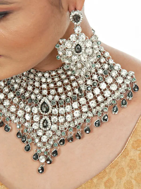 Tehzeeb Creations Platinum Plated Silver Polish Stone Mini Bridal Choker Set for Women & Girls - Distacart