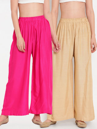 TAG 7 Women Pink & Beige Set of 2 Flared Ethnic Palazzos