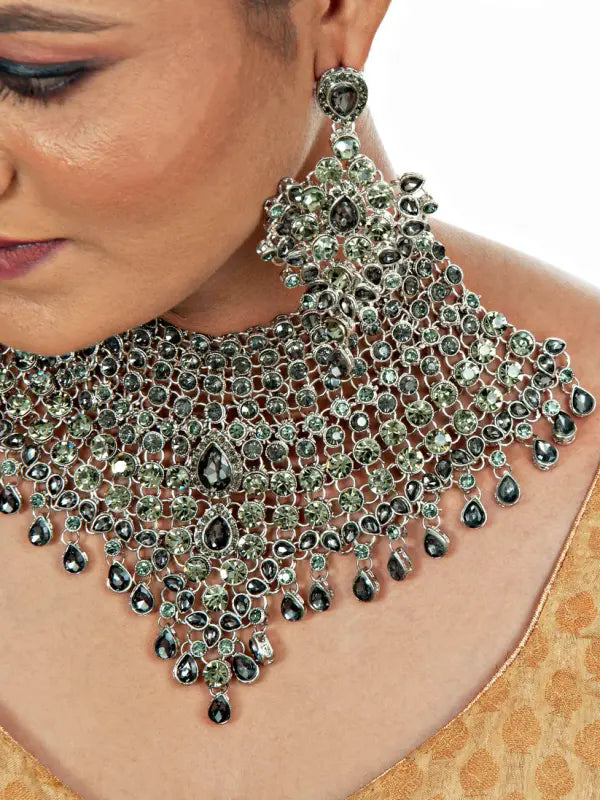 Tehzeeb Creations Platinum Plated Silver Polish Stone Mini Bridal Choker Set for Women & Girls - Distacart