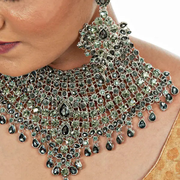 Tehzeeb Creations Platinum Plated Silver Polish Stone Mini Bridal Choker Set for Women & Girls - Distacart