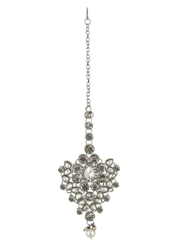 Tehzeeb Creations Platinum Plated Silver Polish Stone Mini Bridal Choker Set for Women & Girls - Distacart