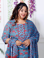 Thumbnail for Swasti Plus Size Floral Printed Sequinned Pure Cotton Kurta With Trouser & Dupatta