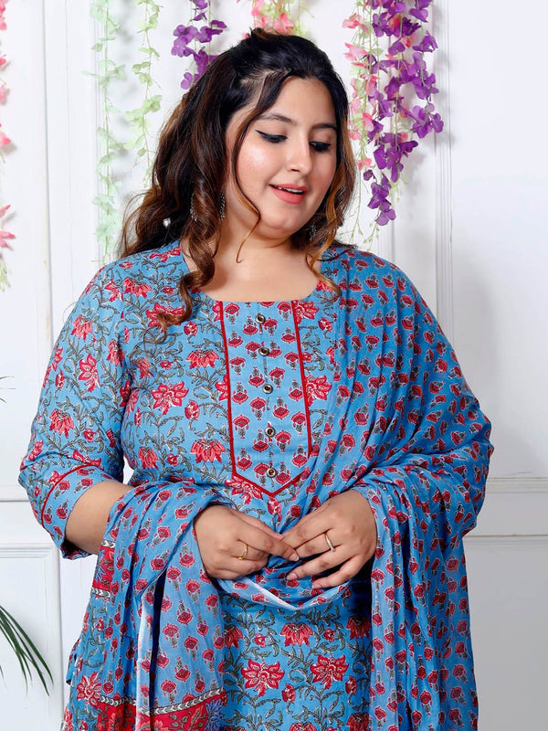 Swasti Plus Size Floral Printed Sequinned Pure Cotton Kurta With Trouser & Dupatta