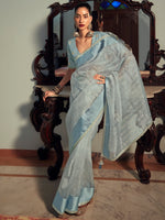 Thumbnail for Stylee Lifestyle Sky Blue Organza Woven Saree - Distacart