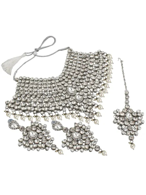 Tehzeeb Creations Platinum Plated Silver Polish Stone Mini Bridal Choker Set for Women & Girls - Distacart