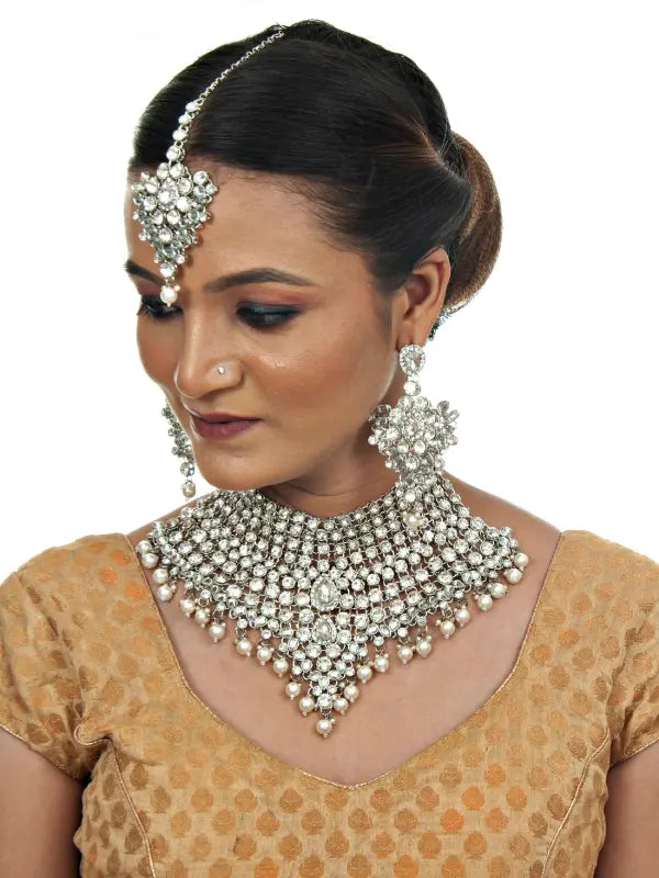 Tehzeeb Creations Platinum Plated Silver Polish Stone Mini Bridal Choker Set for Women & Girls - Distacart