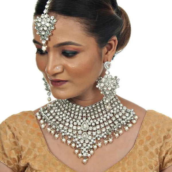 Tehzeeb Creations Platinum Plated Silver Polish Stone Mini Bridal Choker Set for Women & Girls - Distacart