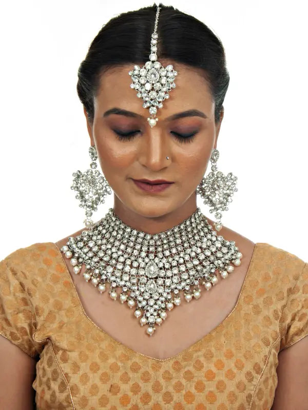 Tehzeeb Creations Platinum Plated Silver Polish Stone Mini Bridal Choker Set for Women & Girls - Distacart