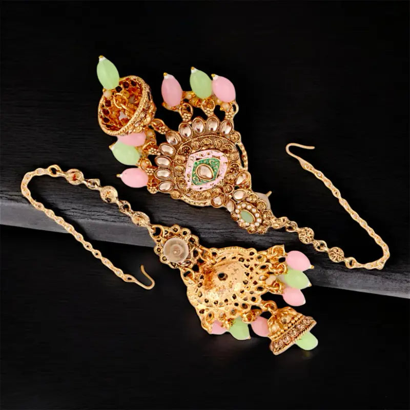 Tehzeeb Creations Traditional Designer Kundan Stone Pink and Mint Meenakari Choker Bridal Set - Distacart