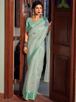 Thumbnail for Stylee Lifestyle Green Organza Woven Saree - Distacart